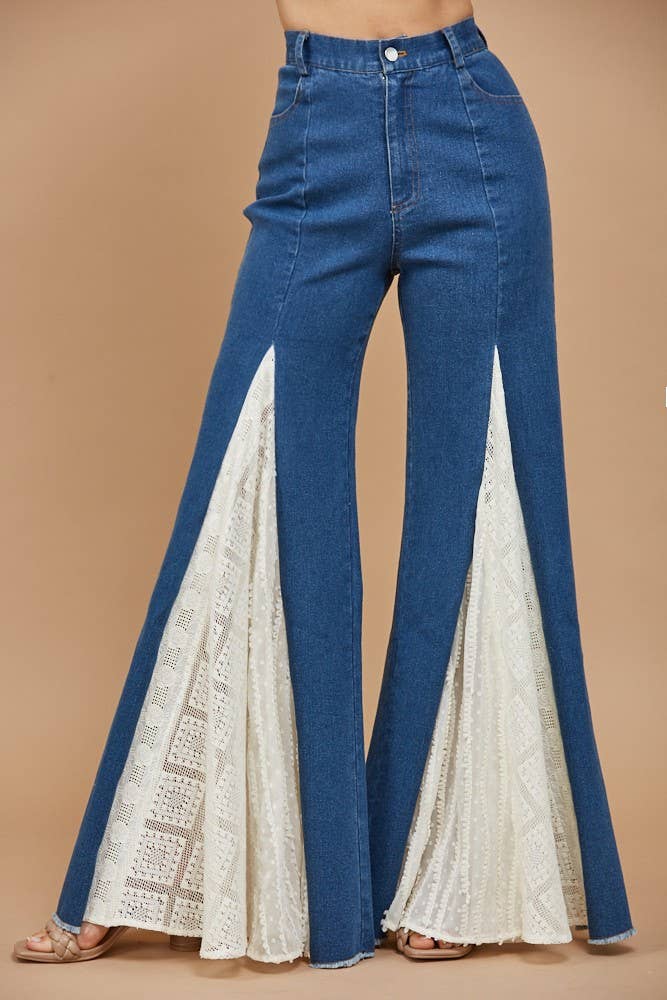 Lace Detail Wide Leg Jeans Mid Denim - Medium Wash