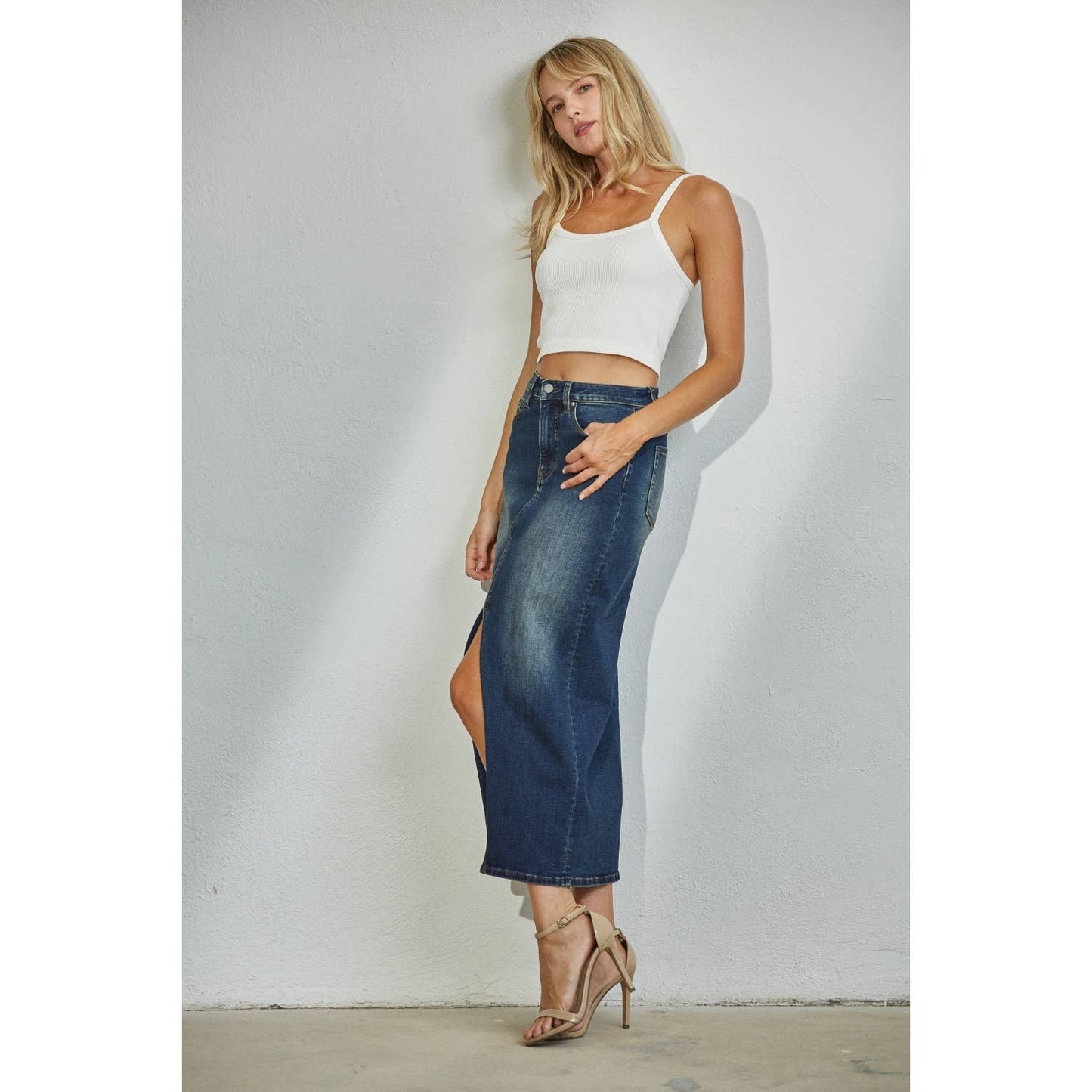 Midi with Front Slit Skirt - Dark Warm Wash