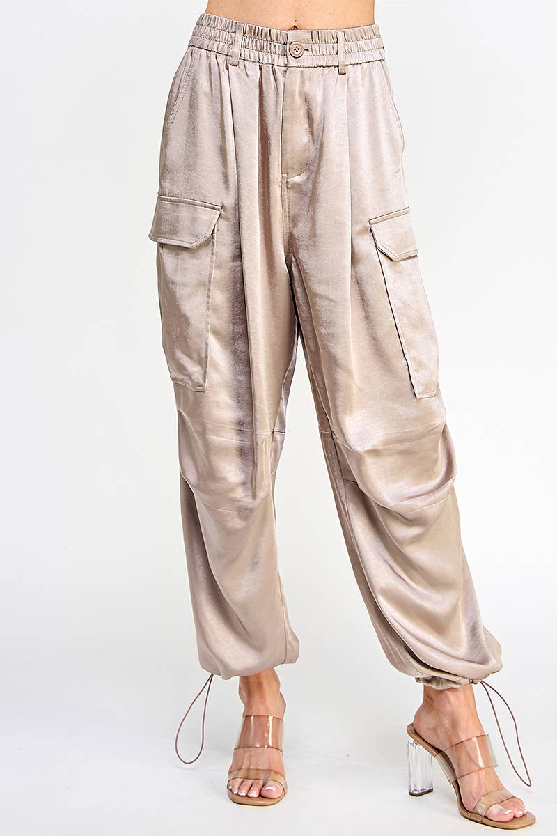 Silky Banded Waist Wide Leg Cargo Pants - Mushroom