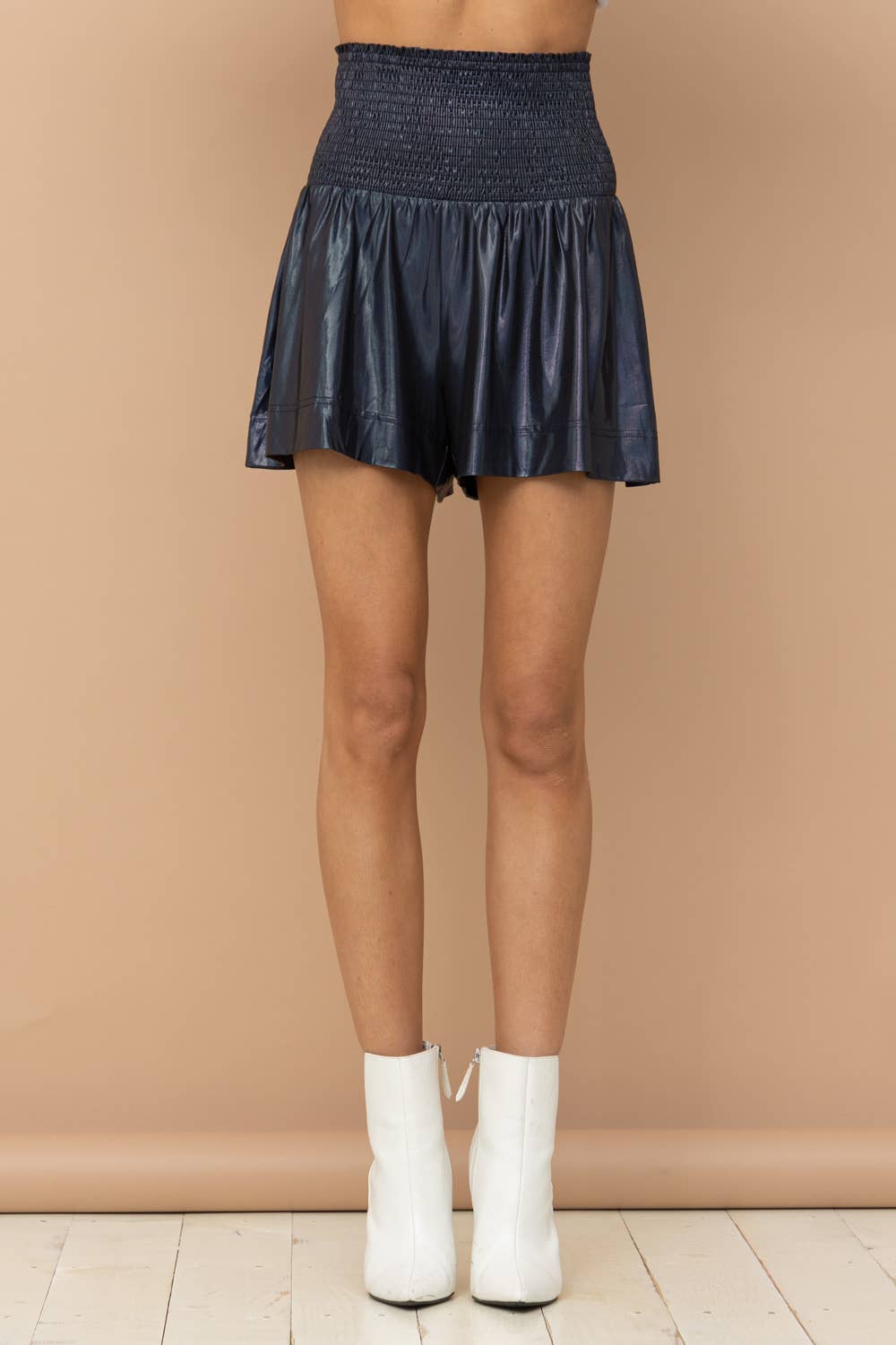 Smocked Waist Metallic Shorts - Marine/French Navy