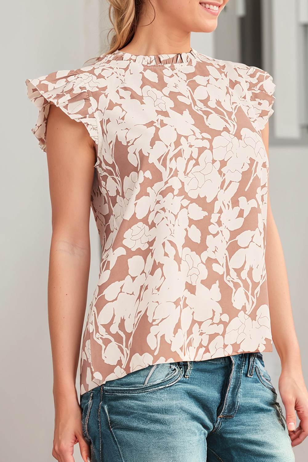 Floral Print Ruffle Short Sleeve Shirt - Mushroom/Soft White