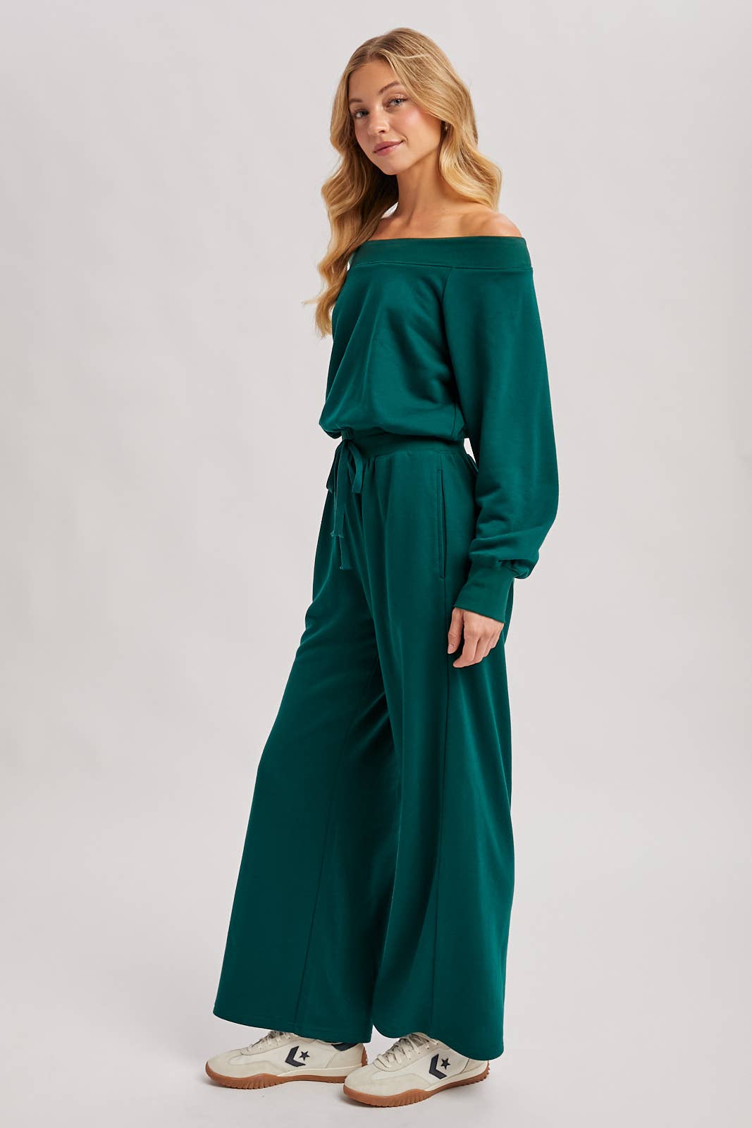 FINAL SALE! Wide Neck Off The Shoulder Knit Jumpsuit: Pine