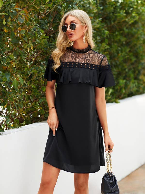 Lace Mock Neck Ruffle Trim Dress - Black