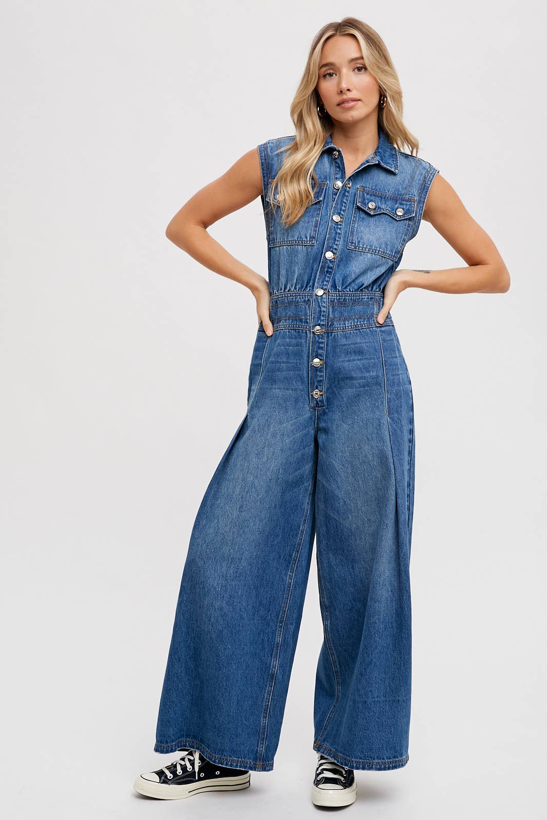 Denim Sleeveless Jumpsuit: Medium Wash FINAL SALE