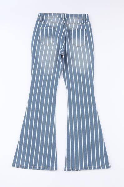 Vertical Striped Ripped Flare Jeans - Smokey Wash