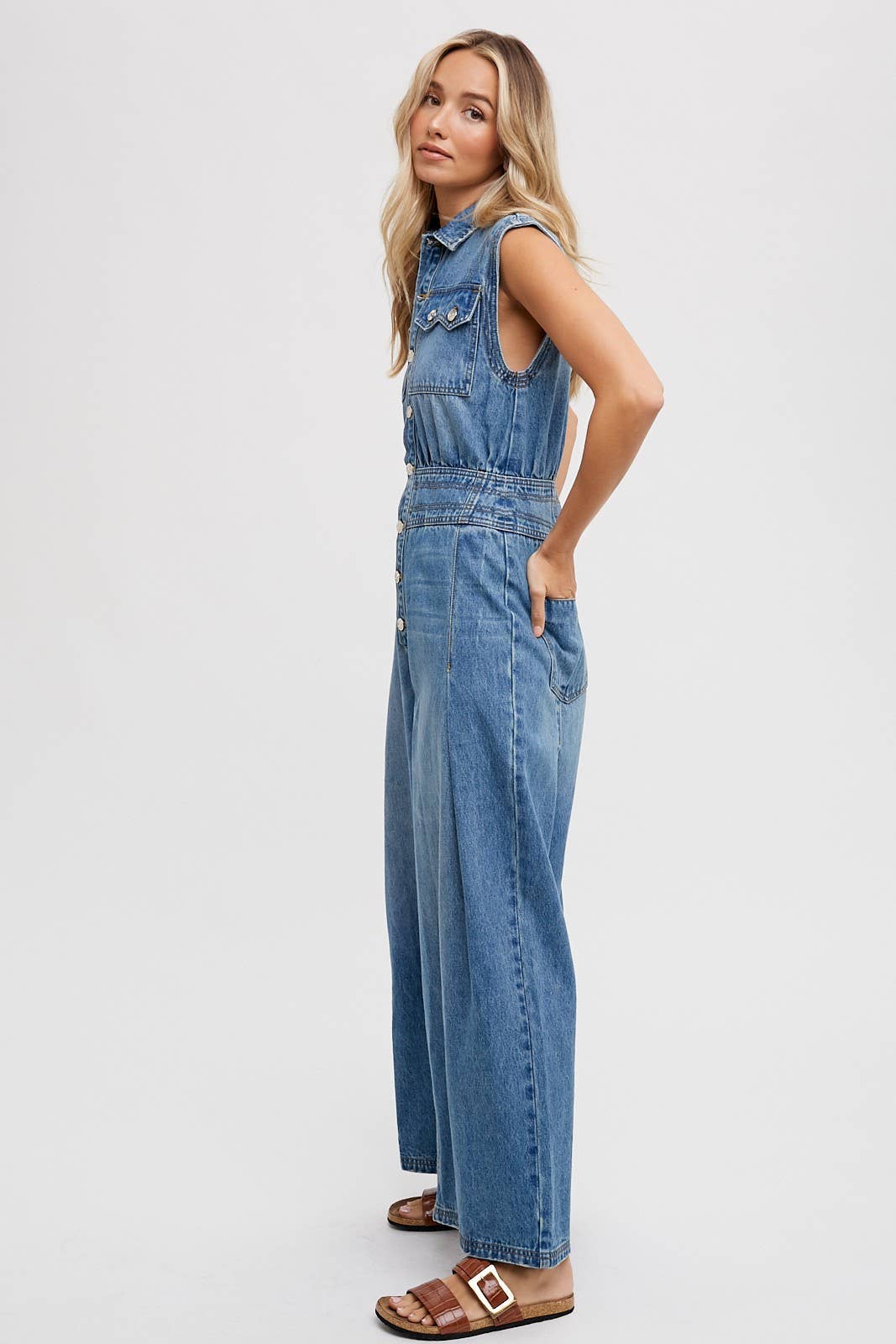 Denim Sleeveless Jumpsuit: Light Wash FINAL SALE