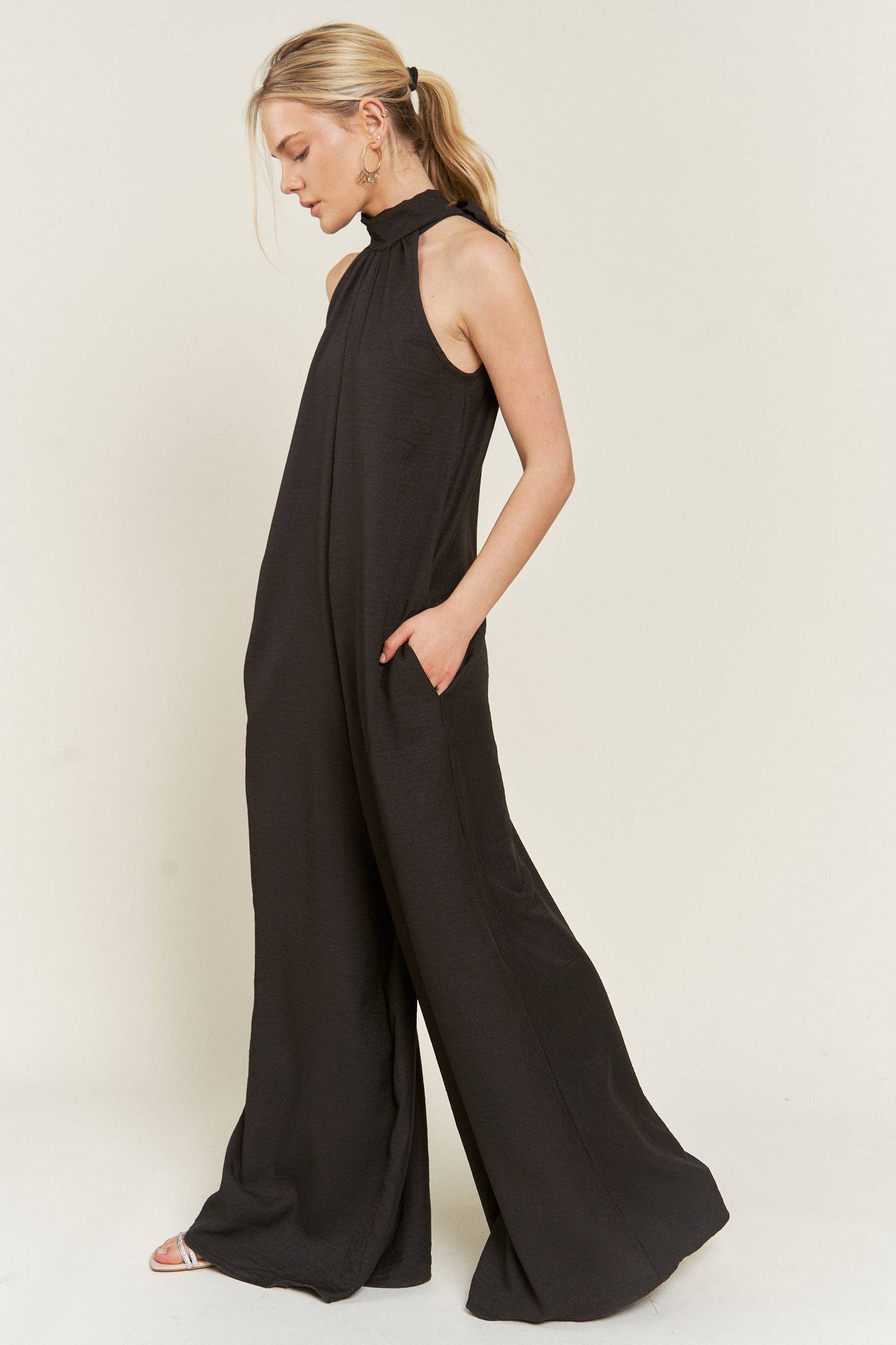 Halter Neck Wide Leg Jumpsuit - Black