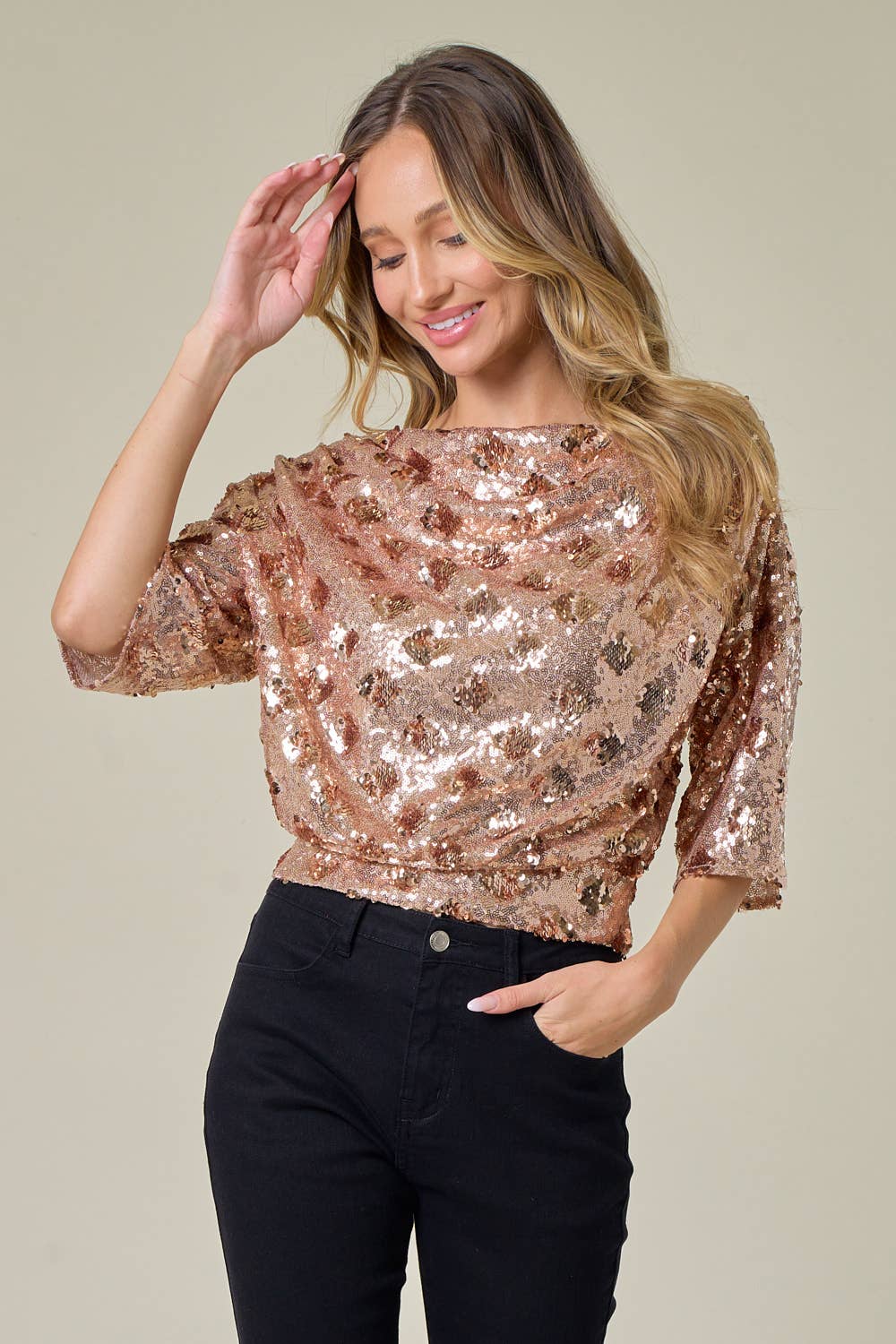 Drop Shoulder Sequin Top - Peachy Gold