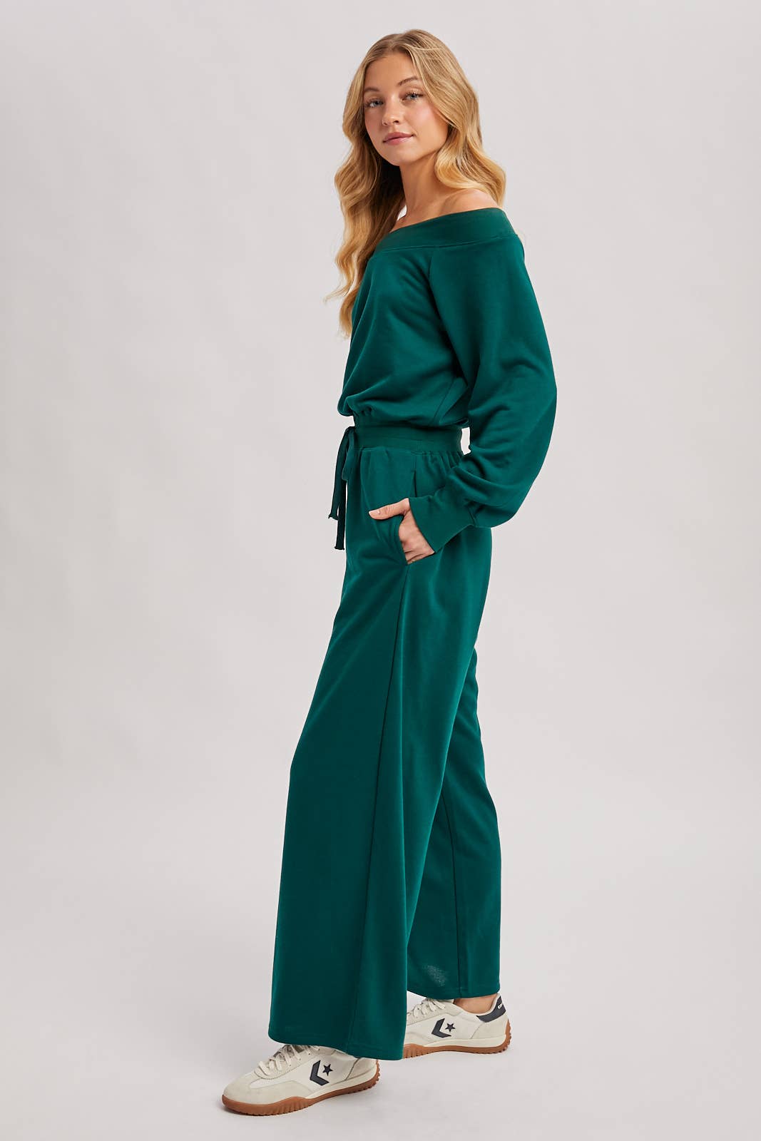 FINAL SALE! Wide Neck Off The Shoulder Knit Jumpsuit: Pine