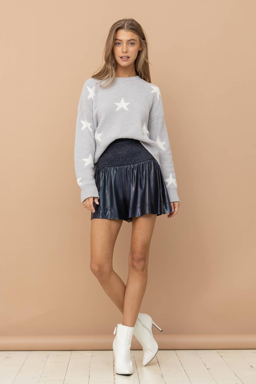 Smocked Waist Metallic Shorts - Marine/French Navy