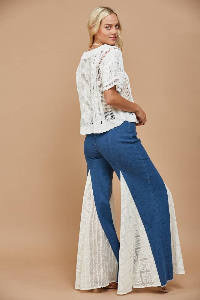 Lace Detail Wide Leg Jeans Mid Denim - Medium Wash