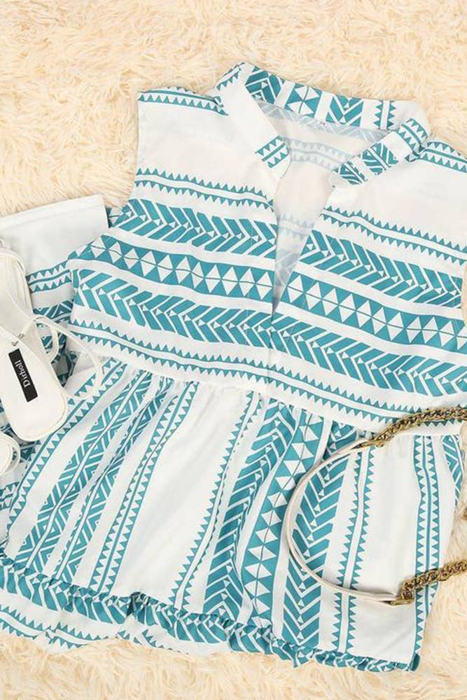 Aztec Print V-neck Sleeveless Mini Dress - Aquamarine FINAL SALE