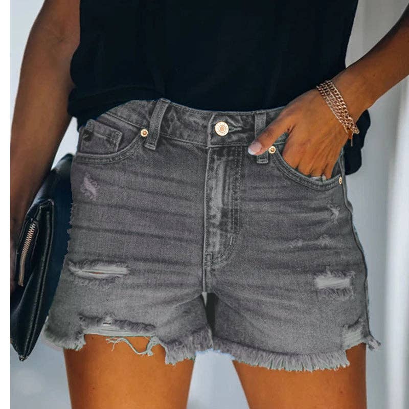 High-rise Ripped Stretch Denim Shorts - Charcoal FINAL SALE