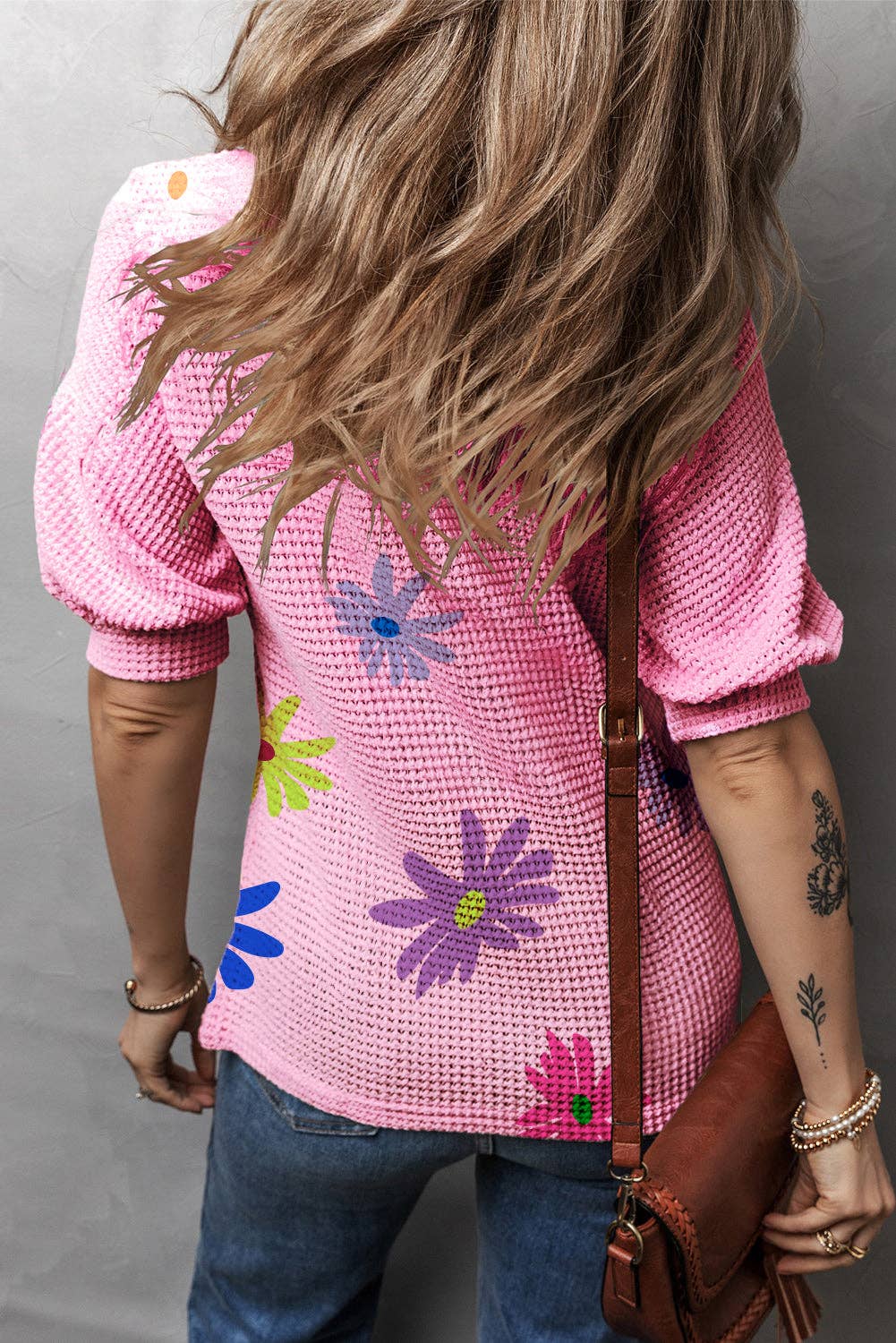 Textured Floral Print Puff Sleeve Shirt - Geranium Pink FINAL SALE