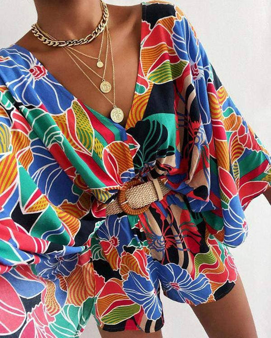 Floral Print Bell Sleeve Romper - Multi-Colored FINAL SALE