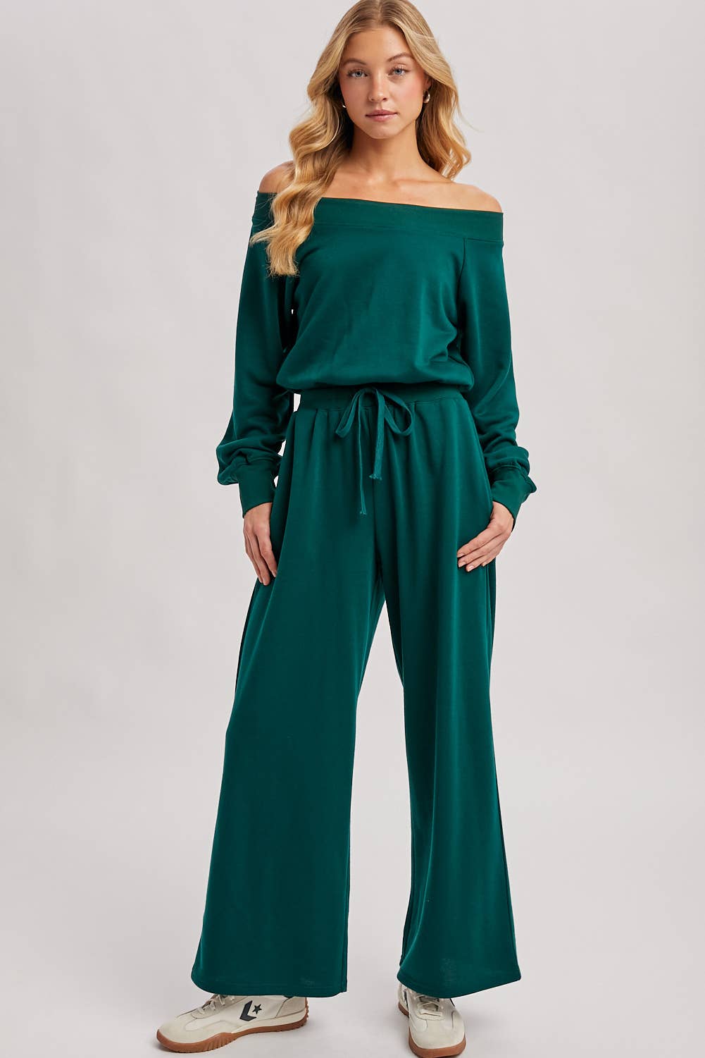FINAL SALE! Wide Neck Off The Shoulder Knit Jumpsuit: Pine