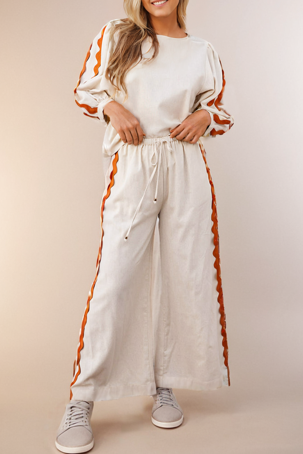 Long Sleeve Wide Leg Lounge Set: Cream w/Orange/Tangerine