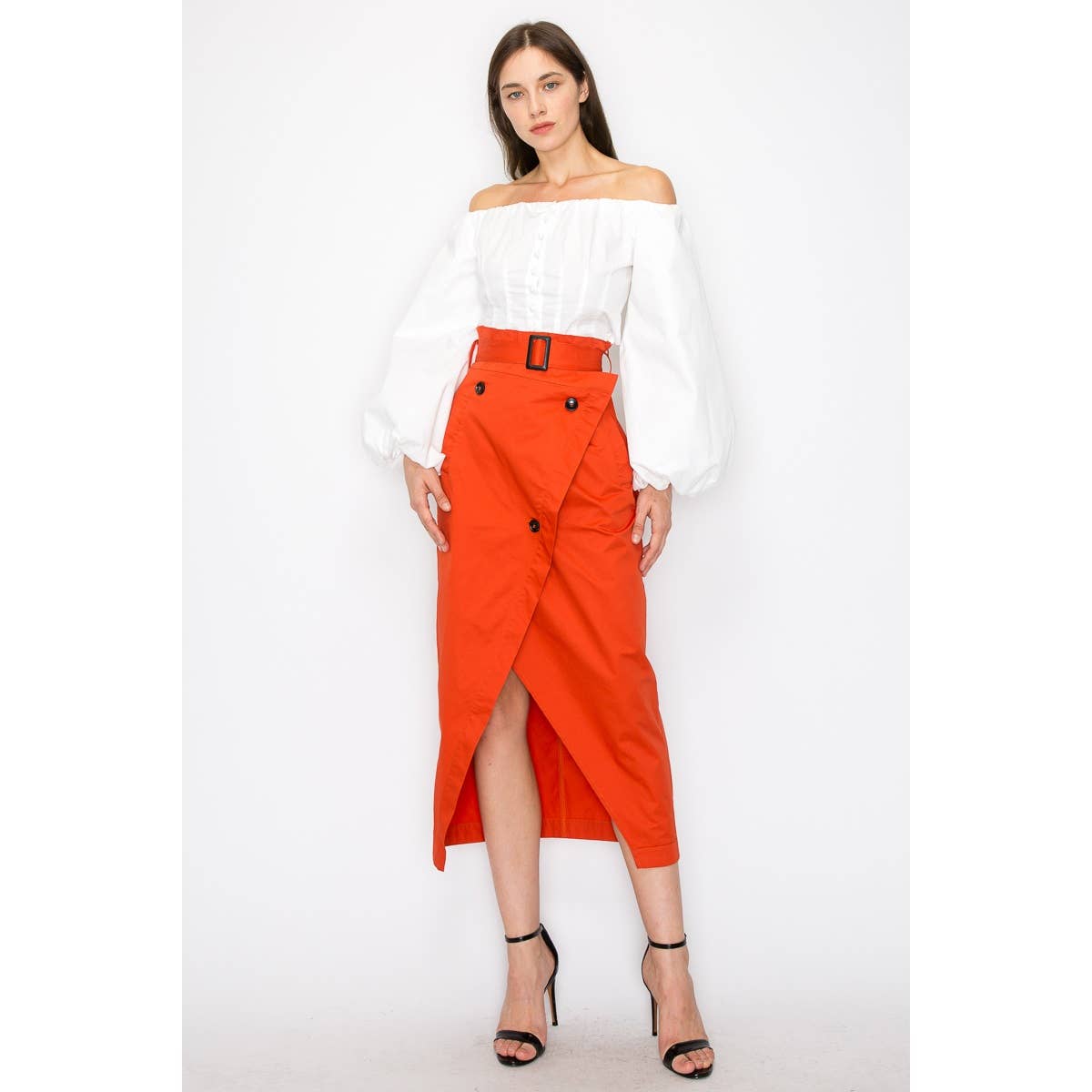 Belted Wrap Front Midi Skirt - Terracotta/Rust