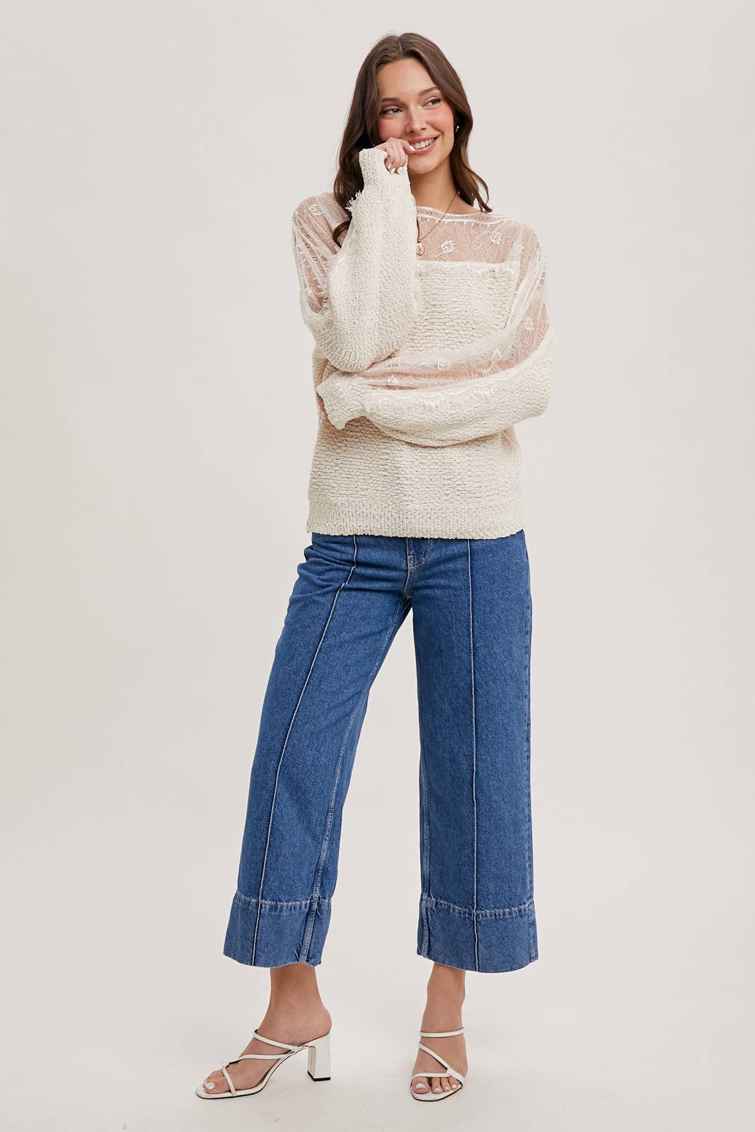 Boat Neck Lace Trimmed Knit Sweater: Pink Beige