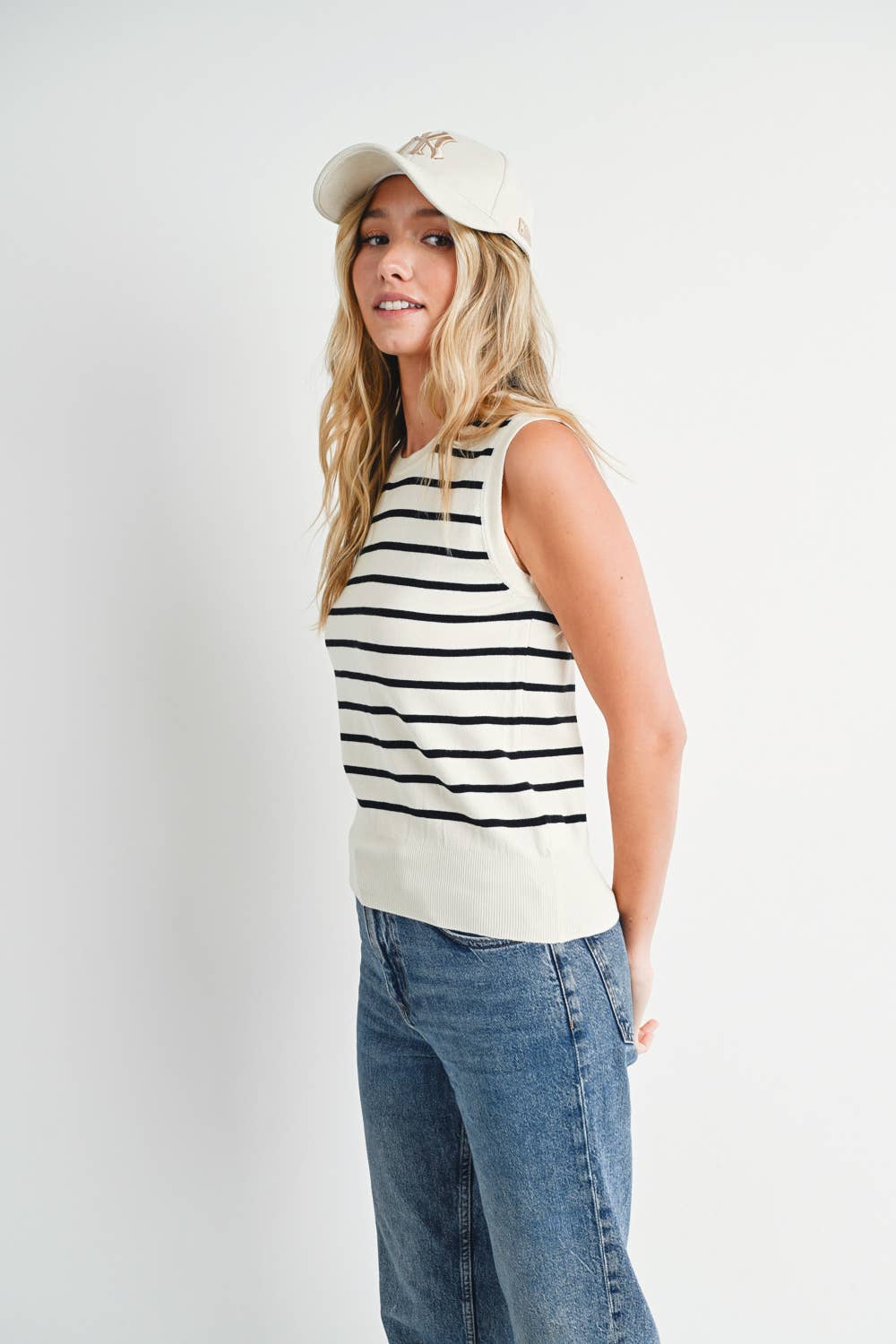 Striped Muscle Knit Tank Top - Cream/Black