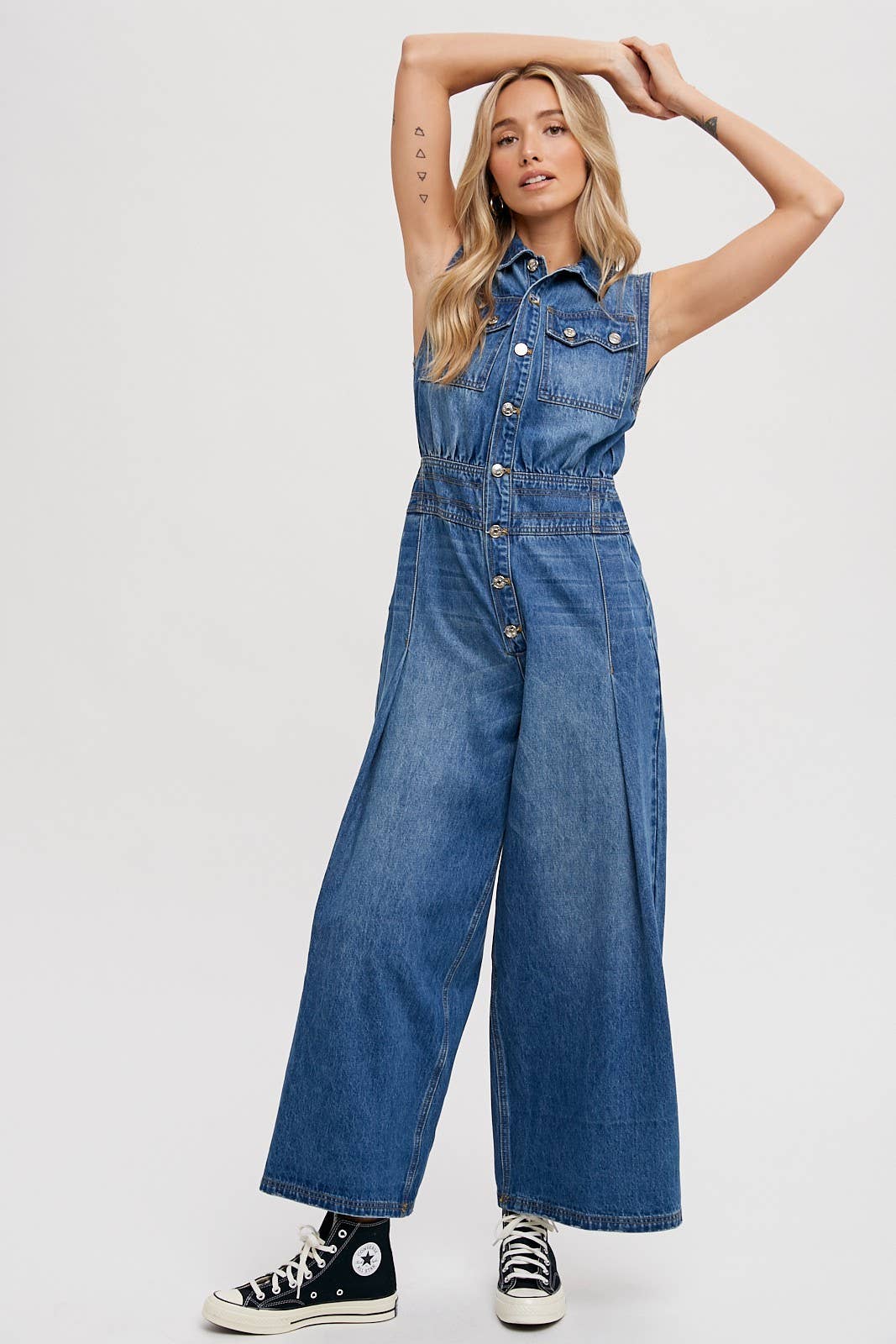 Denim Sleeveless Jumpsuit: Medium Wash FINAL SALE