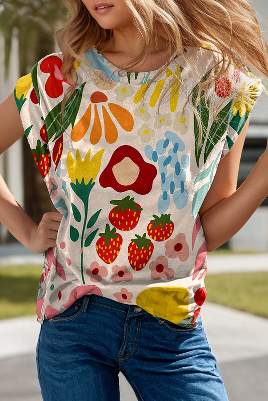 Floral Print Cap Sleeve Round Neck T Shirt: Multi-Colored