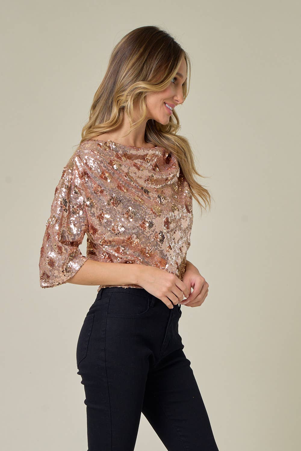 Drop Shoulder Sequin Top - Peachy Gold