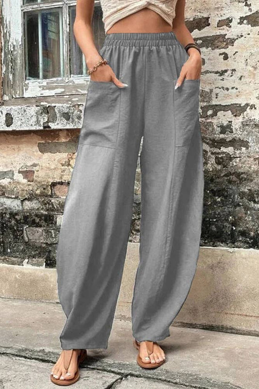 Elastic Waist Pockets Wide Leg Pants - Grey/Dove Grey