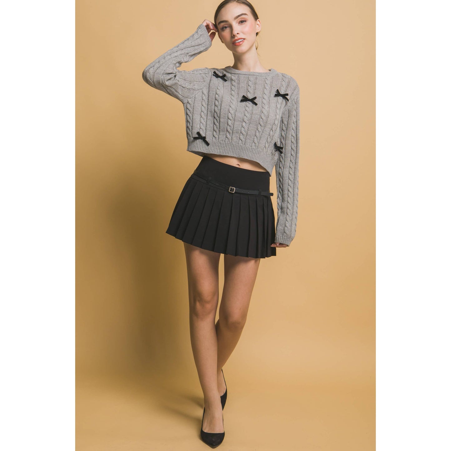 Cropped Sweater w/Bows - Light Grey & Black