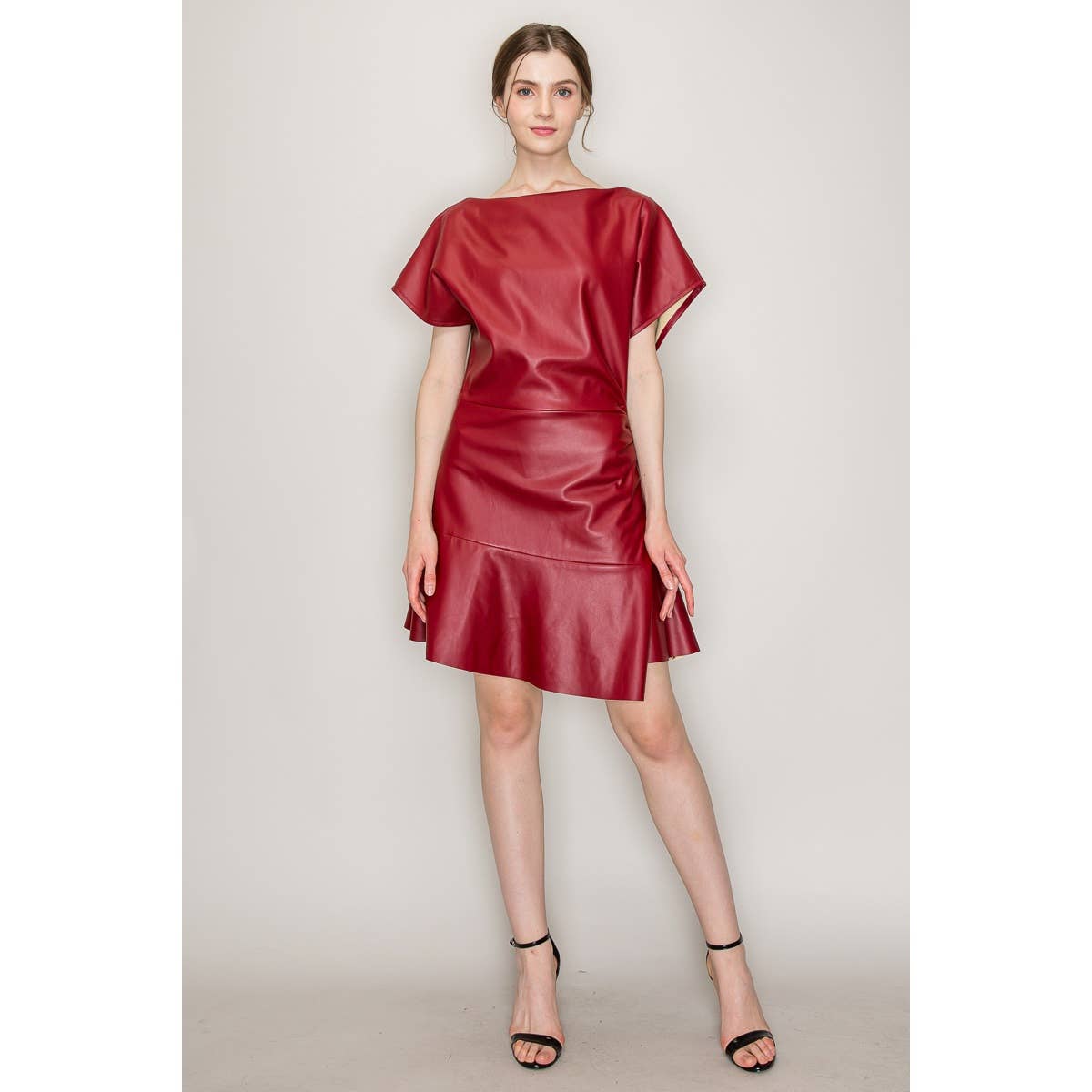 Boat Neck Faux Leather Short Sleeve Mini Dress - Burgundy