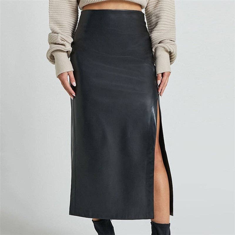 High Waist PU Leather Midi Skirt With Side Slit - Black