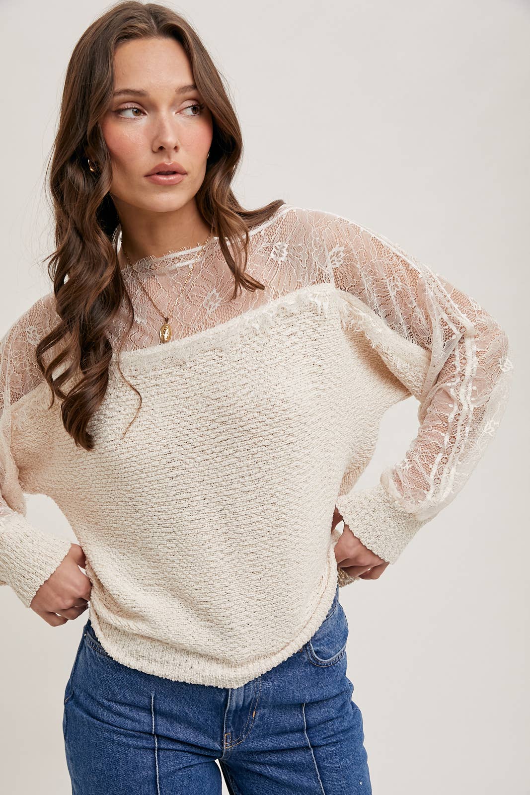 Boat Neck Lace Trimmed Knit Sweater: Pink Beige