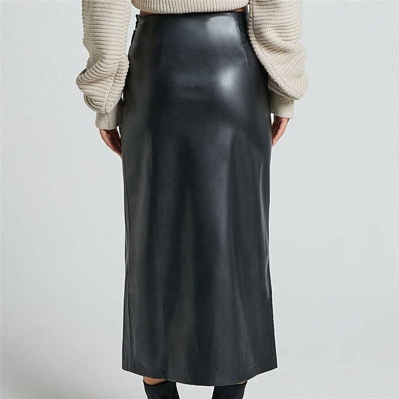 High Waist PU Leather Midi Skirt With Side Slit - Black