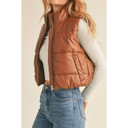 Faux Leather Puffer Vest - Tan