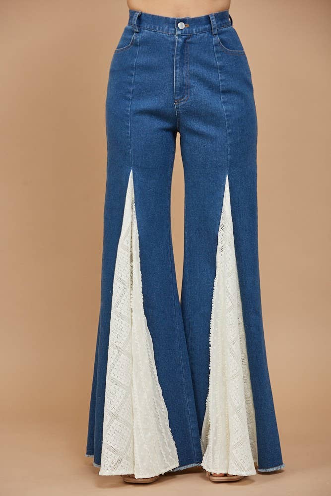 Lace Detail Wide Leg Jeans Mid Denim - Medium Wash