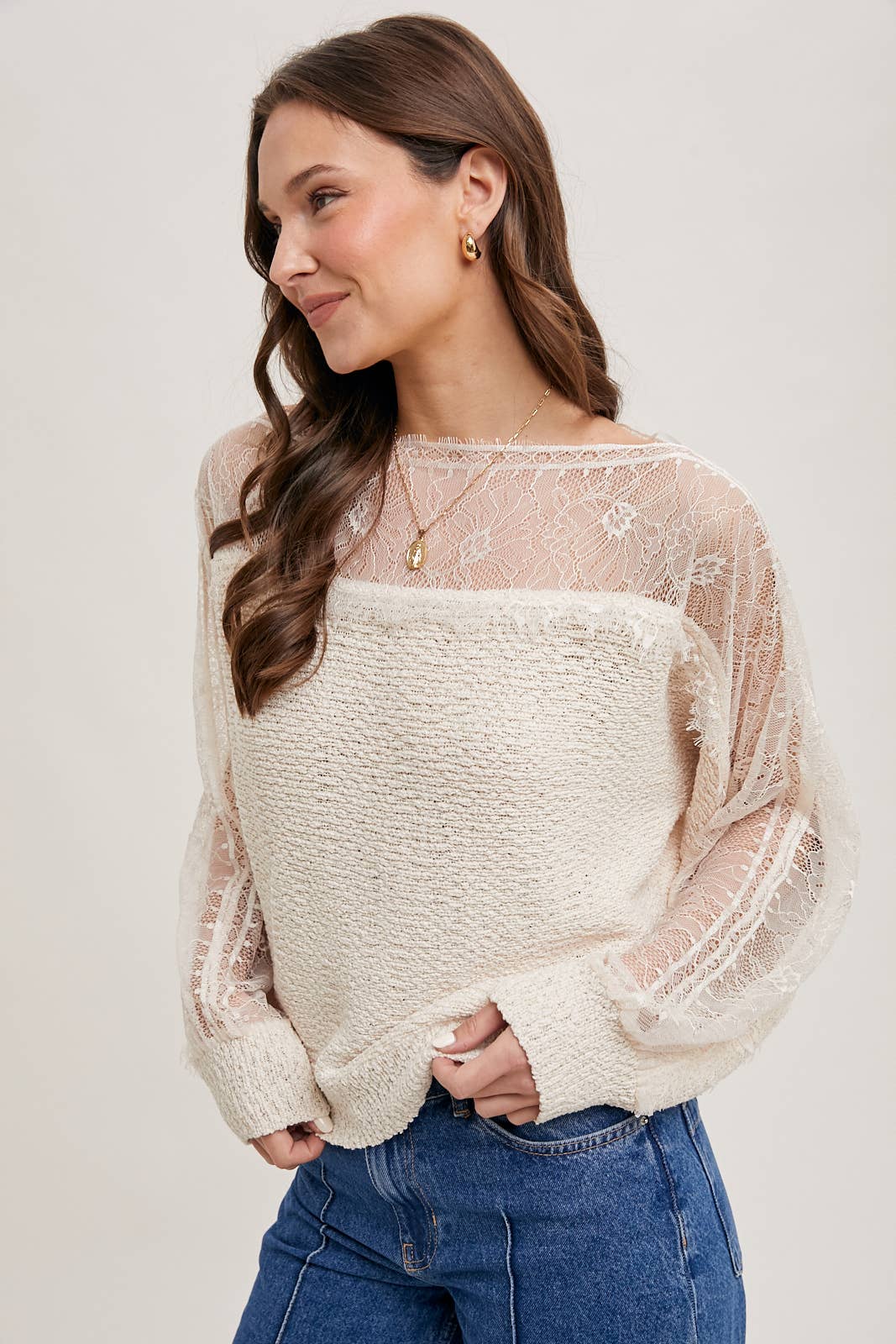 Boat Neck Lace Trimmed Knit Sweater: Pink Beige