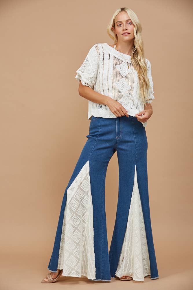 Lace Detail Wide Leg Jeans Mid Denim - Medium Wash