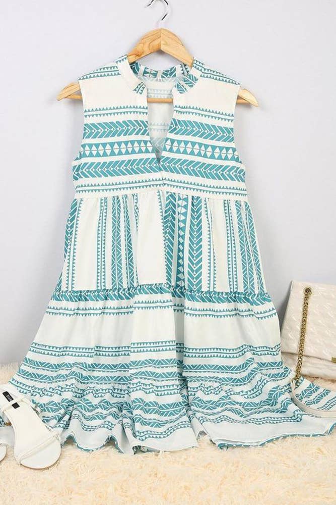 Aztec Print V-neck Sleeveless Mini Dress - Aquamarine FINAL SALE