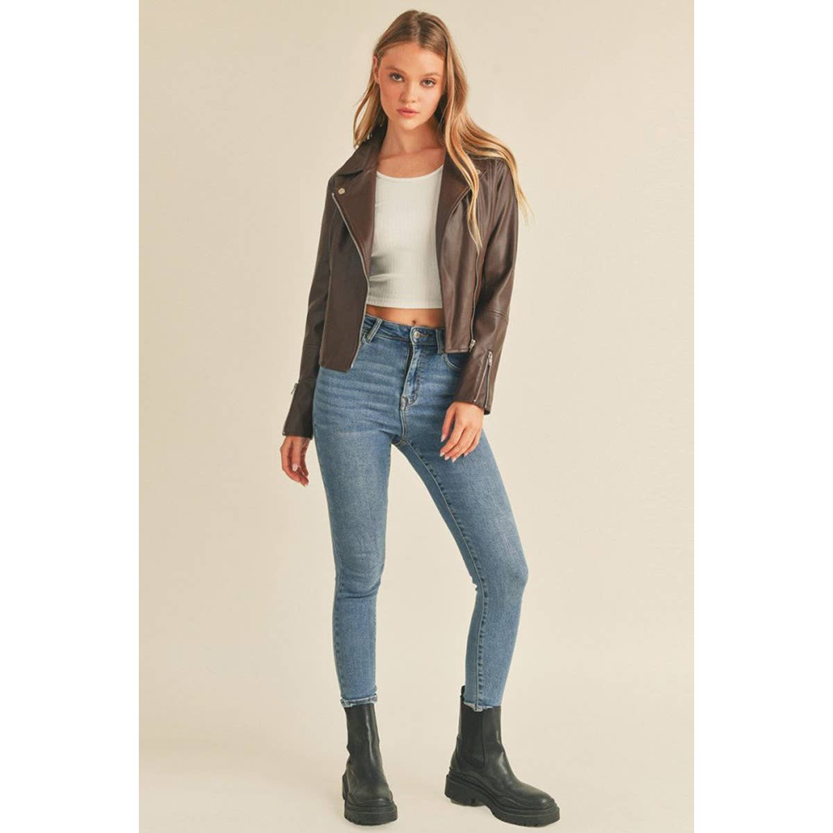 Biker Faux Leather Jacket - Dark Brown/Chocolate