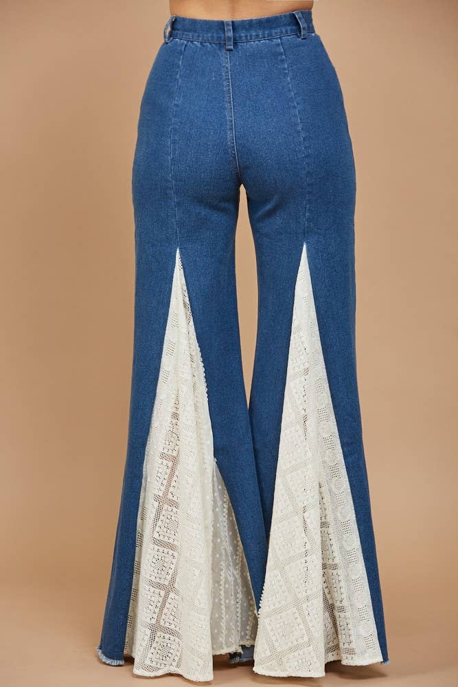 Lace Detail Wide Leg Jeans Mid Denim - Medium Wash