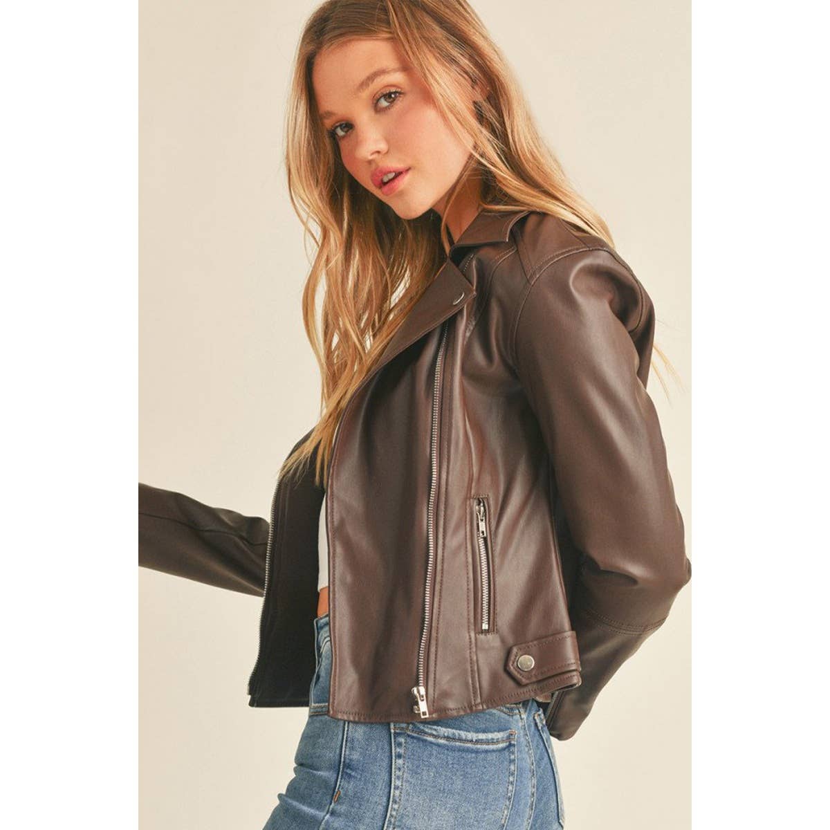 Biker Faux Leather Jacket - Dark Brown/Chocolate