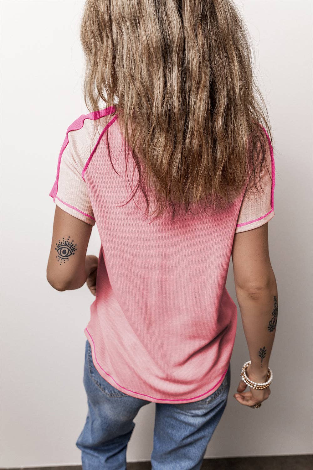 Exposed Seam Color Block V Neck - Summer Pinks FINAL SALE