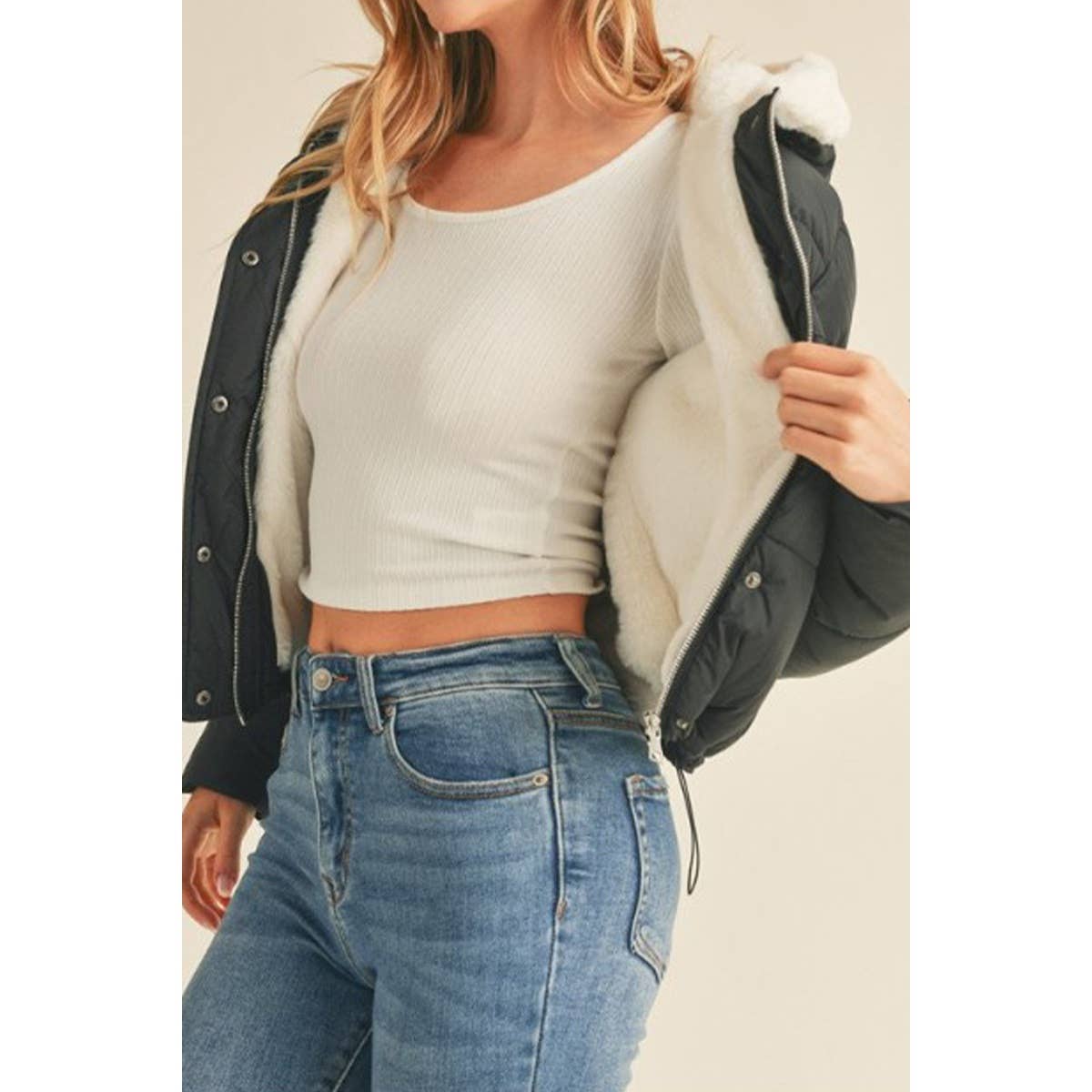 Hoodie Faux Down Nylon Puffer Jacket - Black
