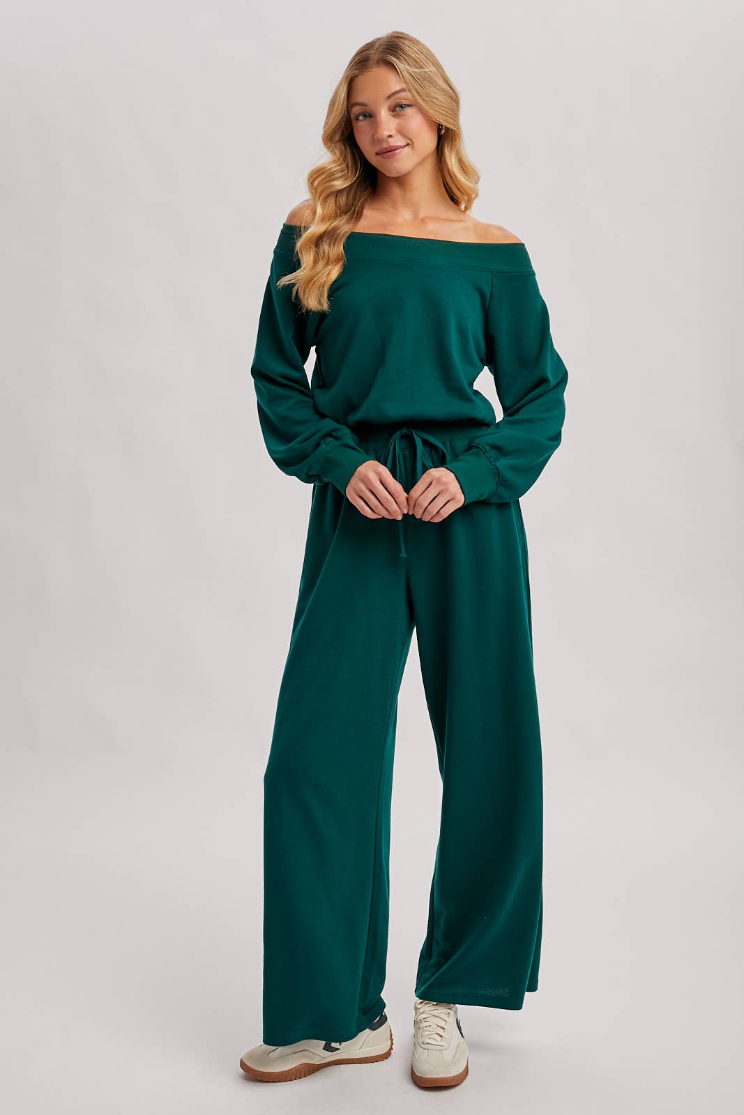 FINAL SALE! Wide Neck Off The Shoulder Knit Jumpsuit: Pine