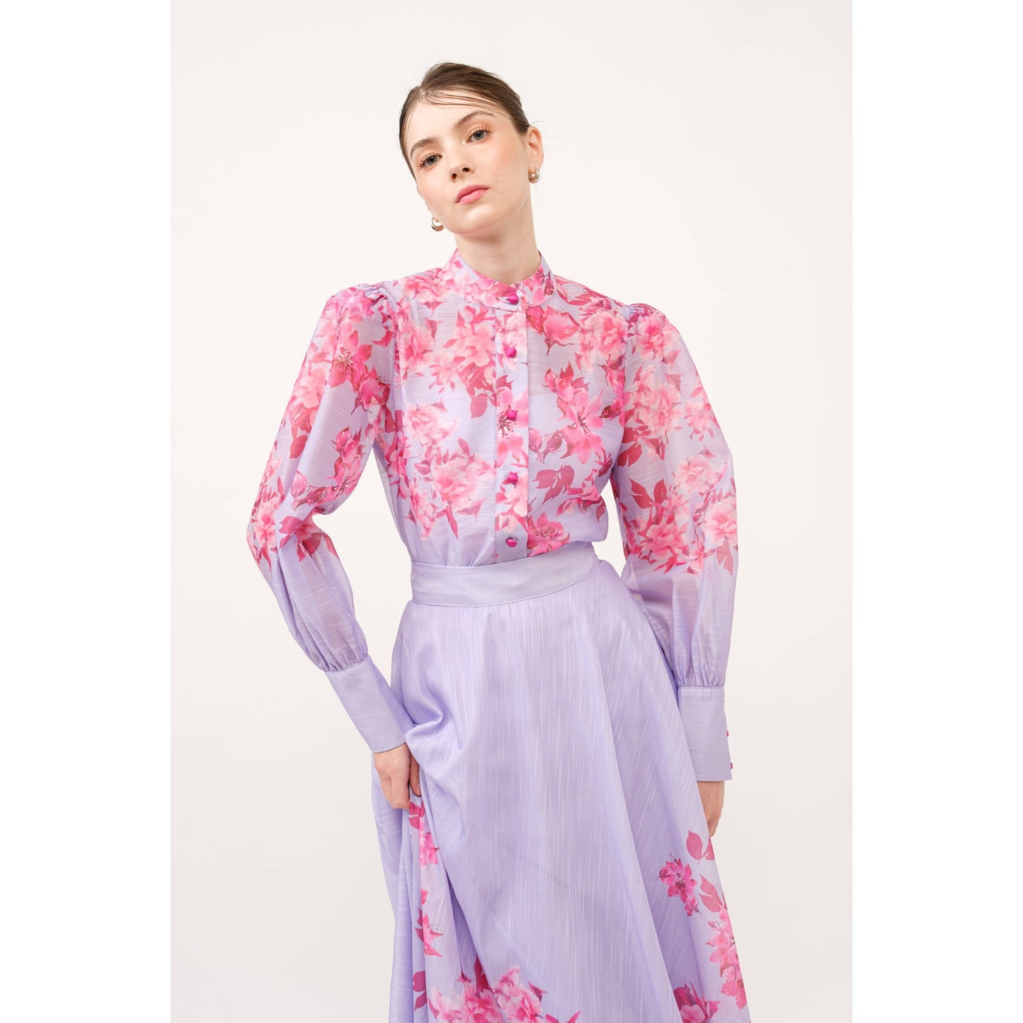 High Neck Floral Print Long Puff Sleeve Blouse - Cool Pinks & Purples