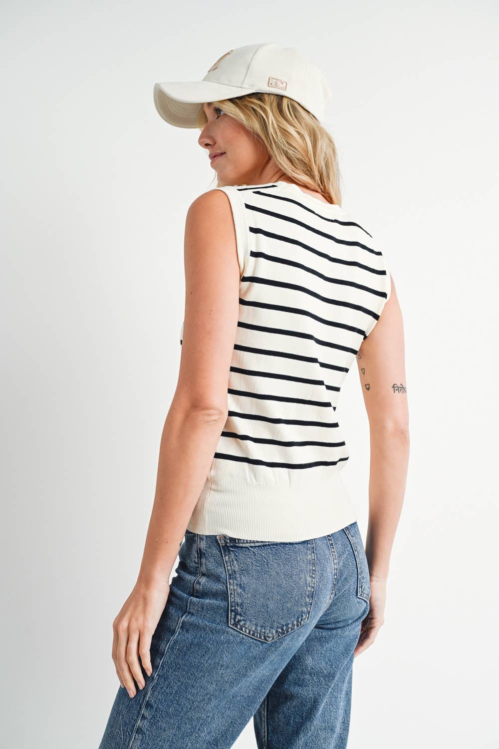 Striped Muscle Knit Tank Top - Cream/Black