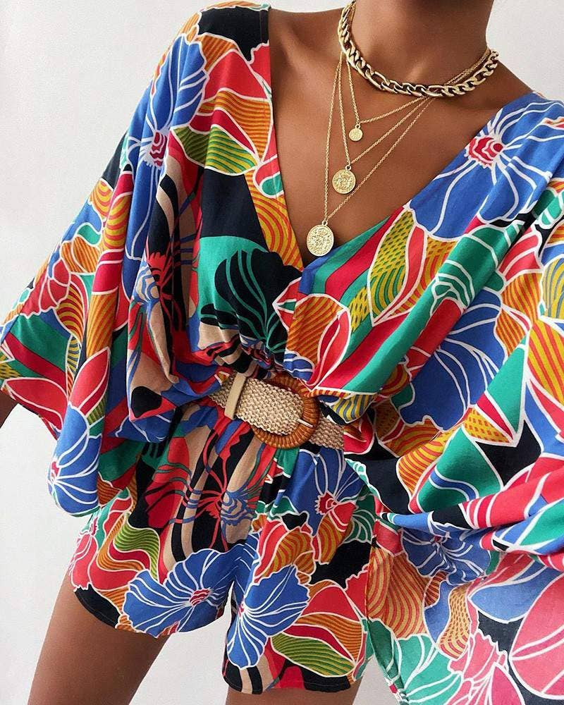 Floral Print Bell Sleeve Romper - Multi-Colored FINAL SALE