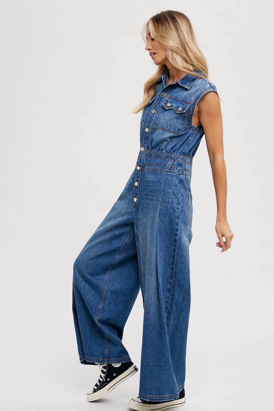 Denim Sleeveless Jumpsuit: Medium Wash FINAL SALE