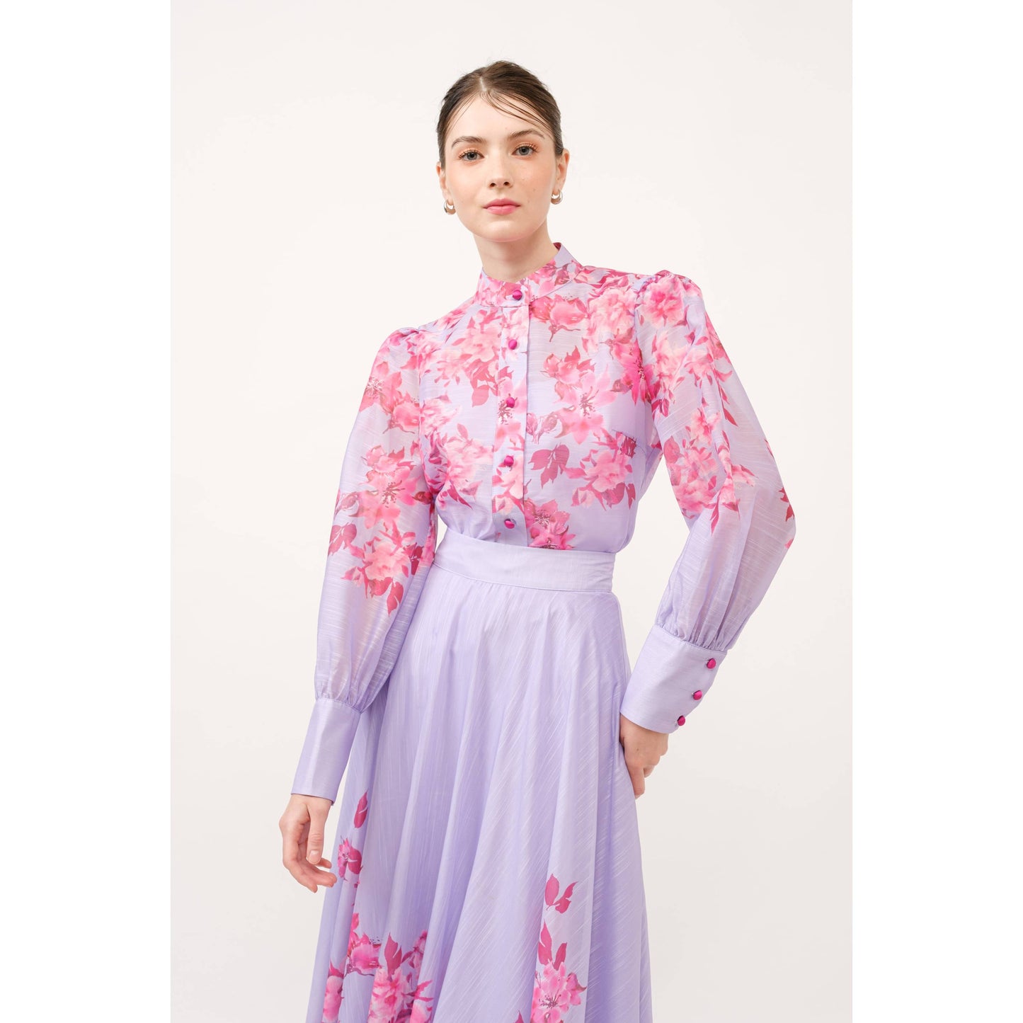 High Neck Floral Print Long Puff Sleeve Blouse - Cool Pinks & Purples