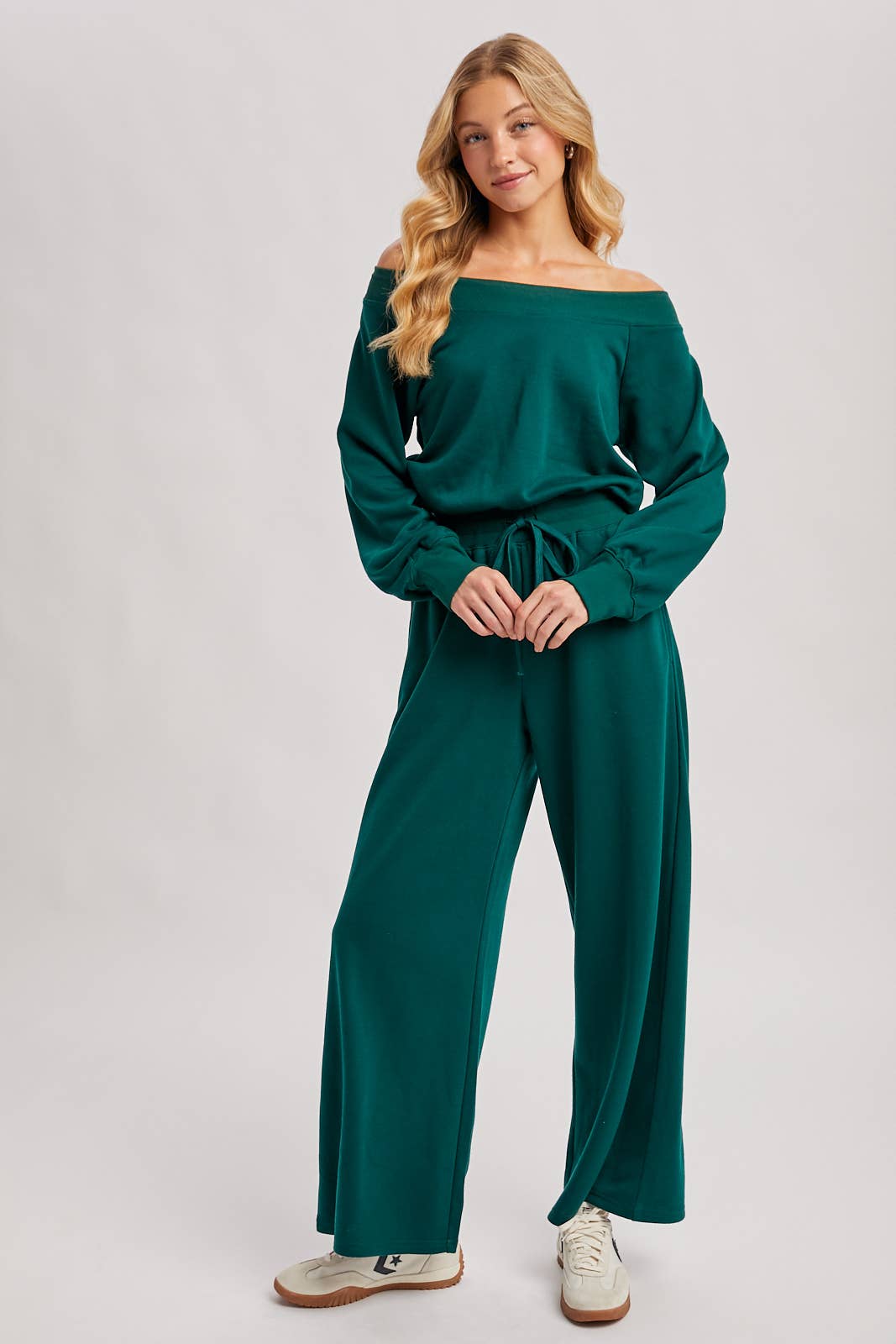 FINAL SALE! Wide Neck Off The Shoulder Knit Jumpsuit: Pine